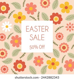 Plantilla para una publicación en redes sociales sobre el tema de las ventas de Pascua con las flores estilizadas. Ilustración vectorial sobre fondo beige