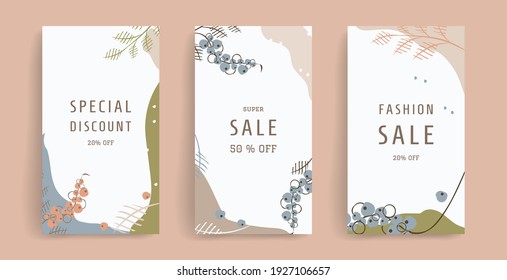 Template for social media posts, stories, banners, mobile apps, web and internet ads. Vector design layout with copy space for text, abstract shapes, leaves, berries. Modern concept. Pastel colors