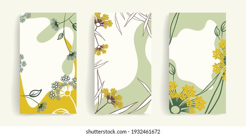 Template for social media posts, stories, banners, mobile apps, web and internet advertising. Vector design layout with copy space for text, abstract shapes, leaves, florals. Yellow, green and white