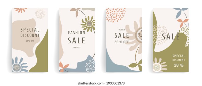 Template for social media posts, stories, banners, mobile apps, web, advertising. Vector design layout with copy space for text, abstract shapes, leaves, flowers. Soft green, blue, orange, beige color