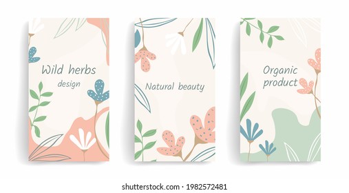 Template for social media posts, stories, banners, mobile apps, web and internet ads. Vector design layout with copy space for text, abstract shapes, leaves, flowers. Modern concept. Pastel colors.