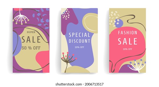 Template for social media posts, stories, banners, mobile apps, web and internet ads. Vector design layout with copy space for text, abstract shapes, branches, berries. Modern concept. trendy colors