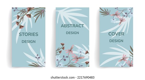 Template for social media posts, stories, banners, mobile apps, web, advertising. Vector design layout with copy space for text, tropical shapes, leaves, flowers. Soft blue, soft pink, green color
