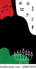 Template for the Social media stories and post in the Kwanzaa period. Background template with copy space for text and images. Abstract shapes in red, green, black colors. Kwanzaa symbols.