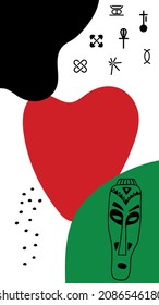 Template for the Social media stories and post in the Kwanzaa period. Background template with copy space for text and images. Abstract shapes in red, green, black colors. Kwanzaa symbols.