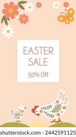 Template for a social media story on the theme of Easter sales with the Easter chicken, butterfly, colored eggs and flowers. Vector illustration on beige background