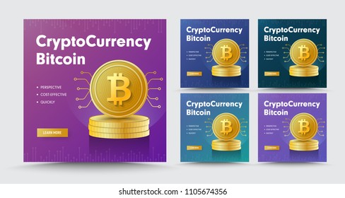 Template of social media vector square banner with a stack of gold coins crypto currency bitcoin. Design violet, blue and black for the web in text and buttons. Set
