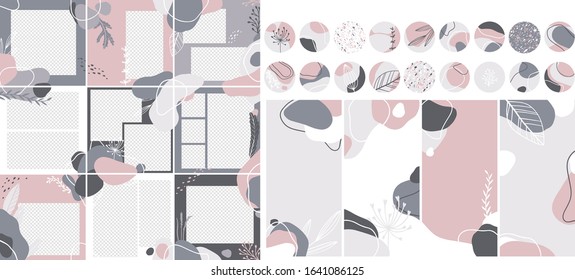 Template for social network posts, post puzzles, stories, highlights covers. Trendy editable vector abstract backgrounds with floral elements illustration in pastel colors. Minimalistic design