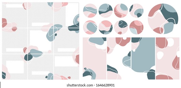 Template for social network posts, post puzzles, vertical stories, highlights covers. Trendy editable vector abstract backgrounds in pastel pink and blue colors. Minimalistic design 