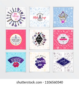 Template for social networks Cosmetics set logo, handwritten lettering .Makeup and manicure studio, Web elements for a blog, a business card site.