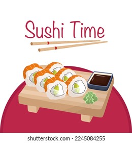 Template for social networks on the theme of Sushi.Social media advertising design. Sushi poster viva magenta. Asian Food poster. Vector hand drawn sushi.