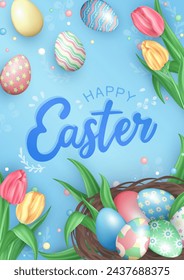 Template of soft blue vertical card or poster with 3d colorful painted Easter eggs, pink and yellow spring flowers (tulips), nest with pastel colored eggs and handwriting greeting text - Happy Easter!