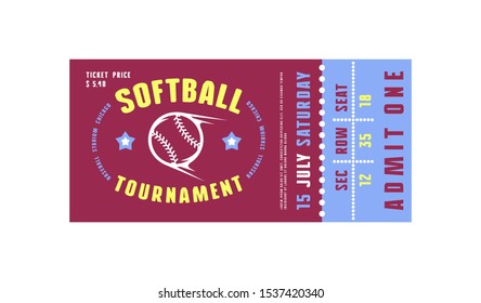 Template of softball ticket. Graphic design in minimalist style. Color print on white background