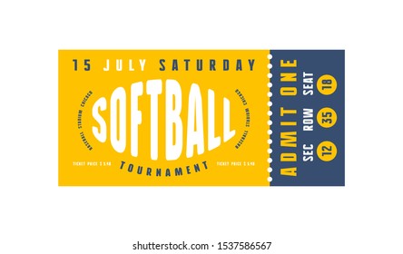 Template of softball ticket. Graphic design in minimalist style. Color print on white background