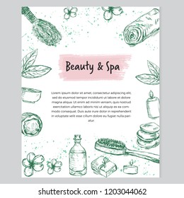 Template for spa salon with hand drawn care and beauty products and place for text