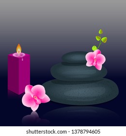 Template for spa salon with orchids and candles, cosmetics, massage advertising. Place for your text. Vector illustration isolated on a black background.