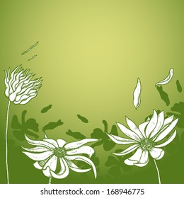Template with space for text beautiful flowers and grass and flying in the wind petals.