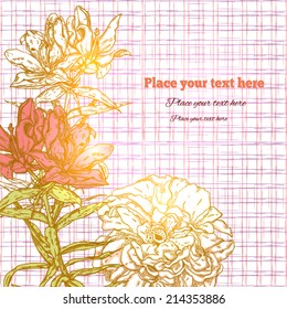 Template with space for text with beautiful flowers lilies and roses and texture in the cell. Contains clipping mask.