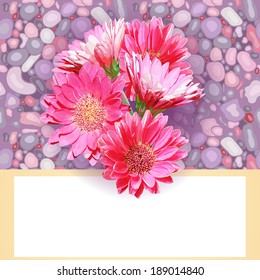 Template with space for text with a bouquet of realistic pink gerberas and sea stones