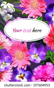 Template with space for text with bright realistic flowers closeup