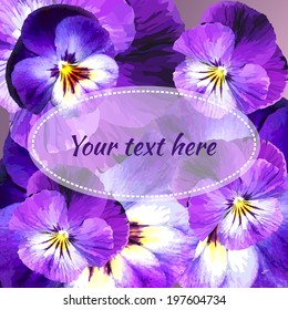 Template with space for text with realistic flowers pansy closeup