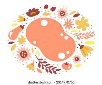 Template with space for text surrounded by flowers, vegetables, leaves and points. Isolated on white background. Vector illustration. Lettering, text, stickers, print, ornament. Summer, autumn.