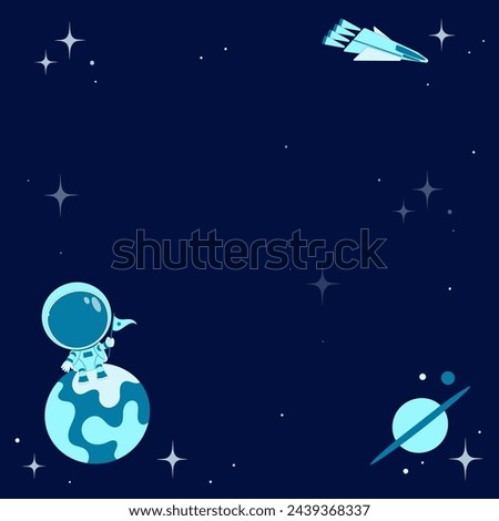 Template with space themed. Astronaut with flag, planets and starship on starry sky. Copy space. Vector illustration for invitations, book cover, poster.
