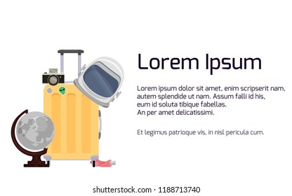 Template with space tourist's suitcase with an astronaut's helmet, a moon globe and a camera. Space tourism. Vector flat template for banner, card and your design