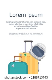 Template with space tourist's suitcase with an astronaut's helmet and bag . Space tourism. Vector flat template for banner, card and your design