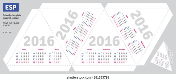 Template spanish calendar 2016 pyramid shaped