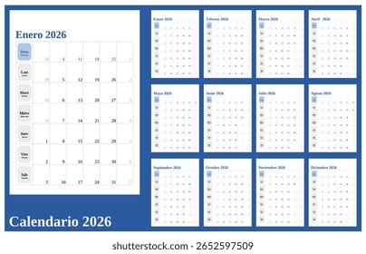 Modelo de calendário espanhol 2026 com data do mês organizado verticalmente.Semana começa no domingo e domingo como fim de semana.calendário retrato 2026 com azul como cor principal. Tamanho A4.