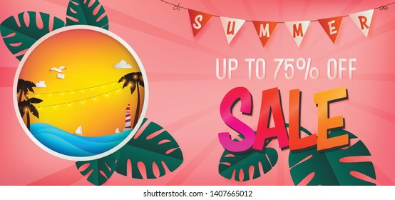 template of special offer in summer season included pink background and die cut on the left hand side,inside circle consist of sunset over the sea with silhouette of coconut tree.