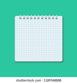 Template with spiral notebook isolated on a green background. School notebook. Diary for business. Office stationery items.