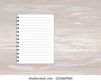 Template with spiral notebook. Vector on wooden background. Diary for business. The design of the cover of the laptop. A realistic notepad. Office stationery. For notes