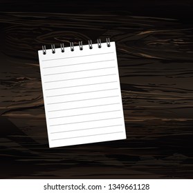 Template with spiral notebook. Vector on wooden background. Diary for business. The design of the cover of the laptop. A realistic notepad. Office stationery. For notes