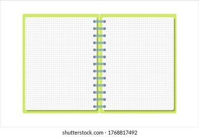 Template with spiral notepad and paper sheets isolated on white background with place for text. Diary for business, school vector background with open notebook. Office stationery items. Copy space