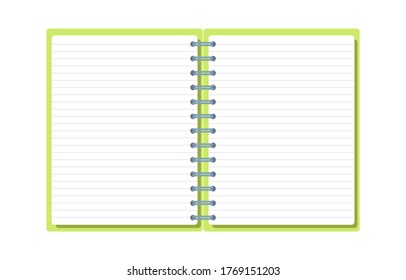 Template with spiral notepad and paper sheets isolated on white background with place for text. Diary for business, school vector background with open notebook. Office stationery items. Copy space
