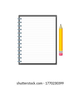 Template with spiral notepad and paper sheets, pencil isolated on white background with place for text. Diary for business, school vector background with open notebook. Office stationery items. 