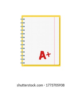 Template with spiral notepad and paper sheets isolated on white background with place for text. School grade vector background with open notebook. Stationery items. Copy space