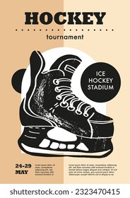 Template Sport Layout Design, ice hockey. Hockey league tournament poster vector illustration.  Hand drawn engraving illustration skates hockey pitch background.