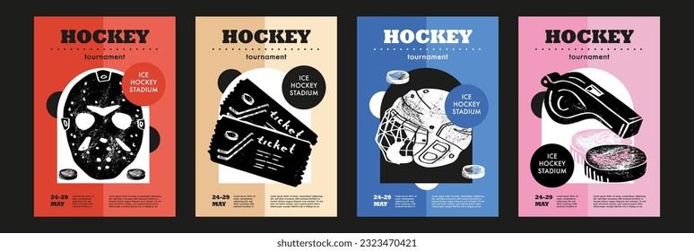 Diseño de diseño deportivo de plantilla, hockey sobre hielo. Ilustración vectorial del torneo de la liga de hockey.  Máscara de ilustración de grabado a mano, boletos, casco, silbato, fondo de campo de hockey sobre patines.