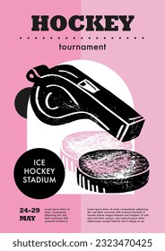 Template Sport Layout Design, ice hockey. Hockey league tournament poster vector illustration.  Hand drawn engraving illustration whistle equipment, puck, hockey pitch background.