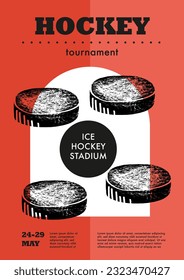 Template Sport Layout Design, ice hockey. Hockey league tournament poster vector illustration.  Hand drawn engraving illustration skates hockey pitch background.