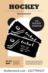 Template Sport Layout Design, ice hockey. Hockey league tournament poster vector illustration. Hand drawn engraving illustration tickets hockey pitch background.	