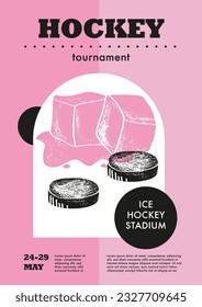 Template Sport Layout Design, ice hockey. Hockey league tournament poster vector illustration. Hand drawn engraving illustration ice, pucks hockey pitch background.	