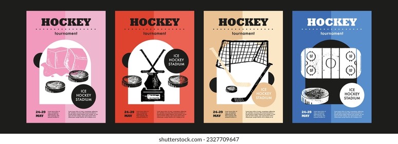 Template Sport Layout Design, ice hockey. Hockey league tournament poster vector illustration. Hand drawn engraving illustration ice, award, gates, arena  hockey pitch background.	