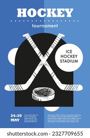 Template Sport Layout Design, ice hockey. Hockey league tournament poster vector illustration. Hand drawn engraving illustration sticks and puck hockey pitch background.	