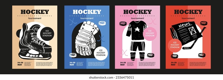 Template Sport Layout Design, ice hockey. Hockey league tournament poster vector illustration. Hand drawn engraving illustration uniform, newspaper, skates hockey pitch background.	