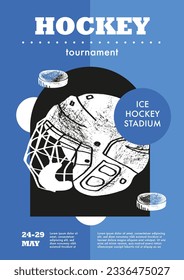 Template Sport Layout Design, ice hockey. Hockey league tournament poster vector illustration. Hand drawn engraving illustration helmet hockey pitch background.	
