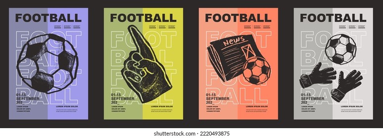 Template Sport Layout Design, soccer football. Football league tournament poster vector illustration. Ball with fan hand attribute, news, newspaper, gloves, hand football pitch background.